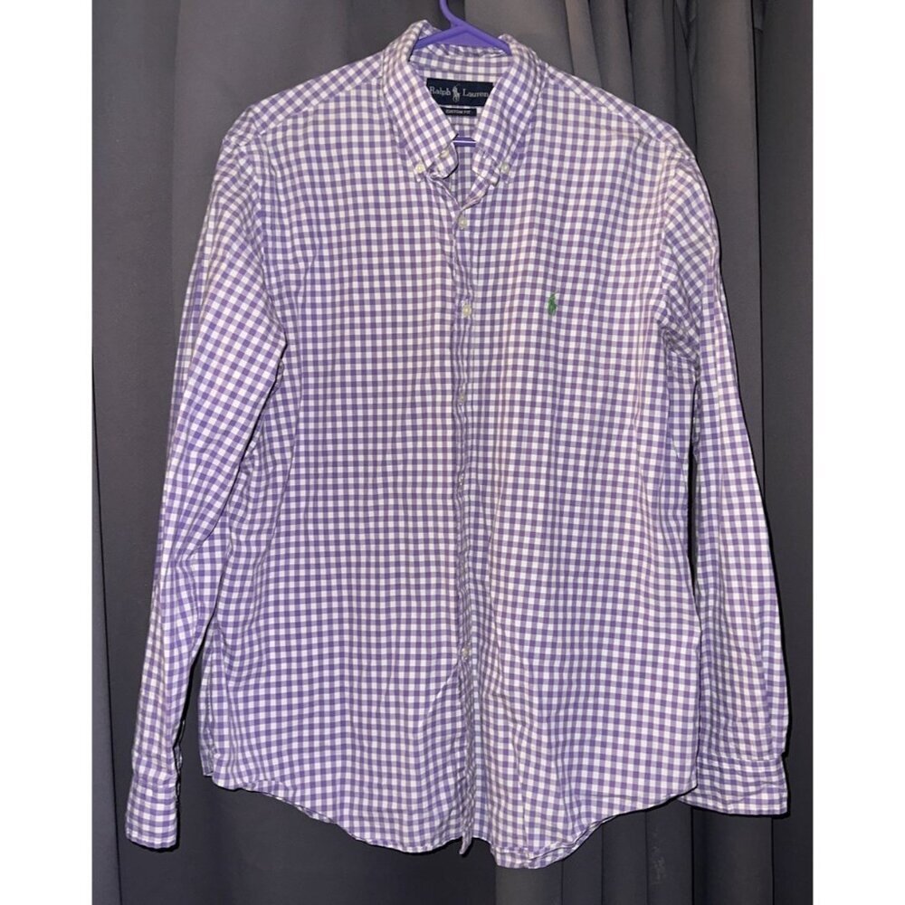 Ralph Lauren Long Sleeve Button Shirt Men's Purple White Plaid Large Logo